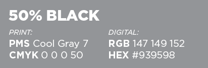 50% black, pms cool gray 7, cmyk 0/0/0/50, rgb 147/149/152, hex #939598