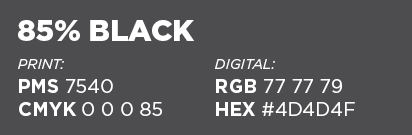 85% black, pms 7540, cmyk 0/0/0/85, rgb 77/77/79, hex #4D4D4F