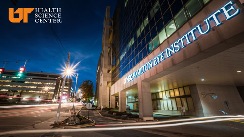 UTHSC Zoom/Teams background of Hamilton Eye Institute at night.