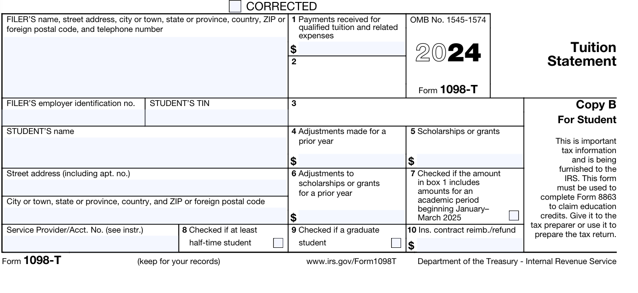 Example image of the 2024 1098-T IRS form.