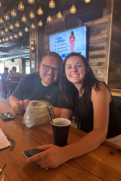 Male and female resident sitting in a restaurant