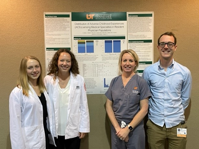 Residents and faculty standing before a research presentation