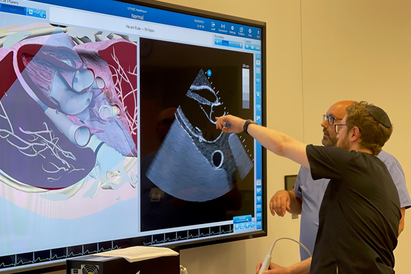 Instructor and fellow at monitor showing an ultraound