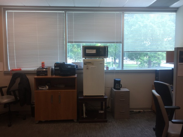 View of the park from a typical room having six desks for fellows.