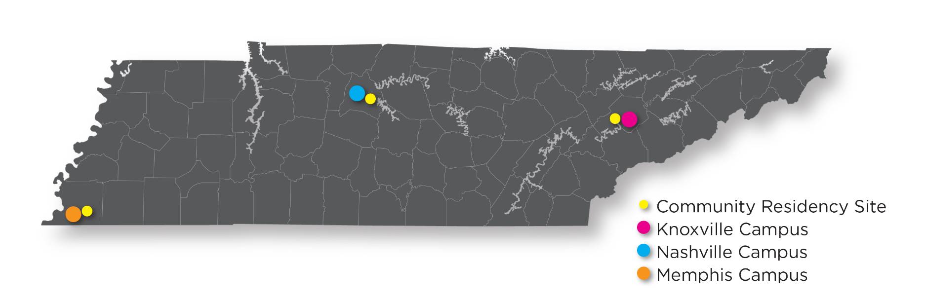 A map showing the residency training sites for the college of Pharmacy. There are training location sites in Memphis, Nashville, and Knoxville.