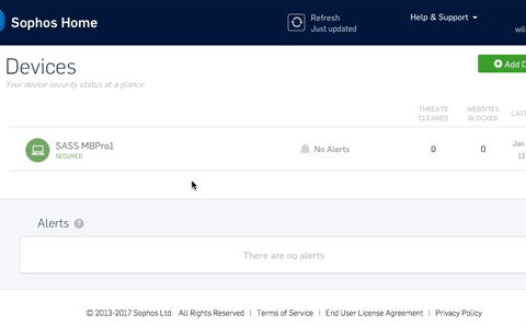 A browser is open to the Sophos Home Dashboard. A mouse curser moves across the screen and clicks on the listed device. A new page loads and the mouse curser clicks on the "Configure" link.