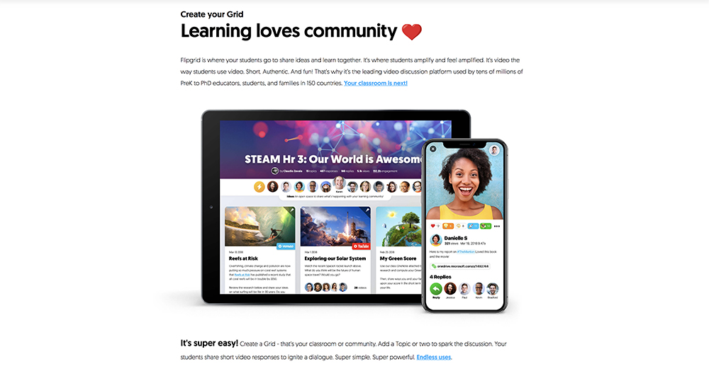 Flip website on mobile devices. 'Create your Grid. Learning loves community.'