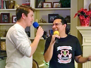 Residents singing karaoke at a Christmas party